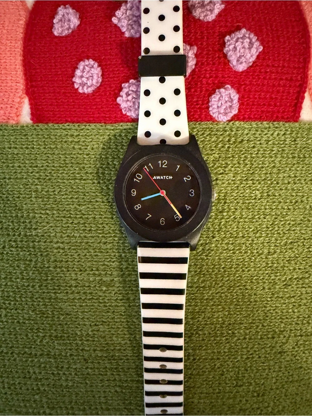 AWATCH- Black Dial Watch with Black & White Striped/Polka Dot Strap